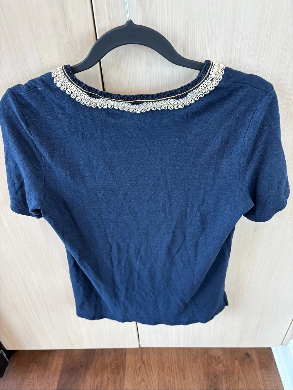 Tory Burch Navy Short-Sleeve Top with White Embroidered V-Trim